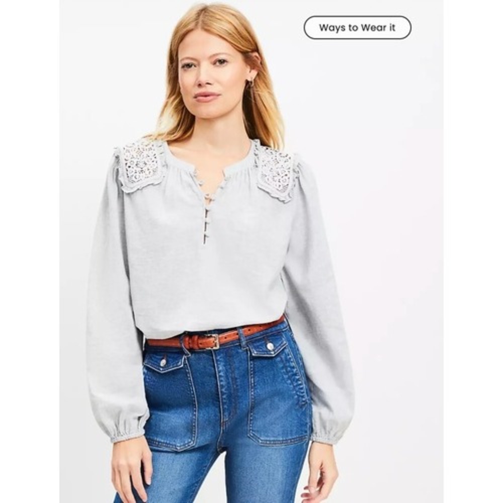 LOFT Womens Grey Crochet Lace Shoulder Cotton Henley Blouse Size L Long Sleeve